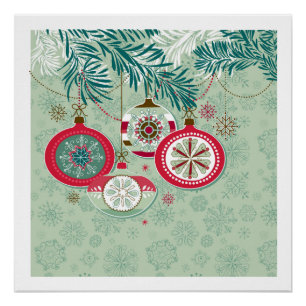 Kerstversieringen met blauwe en rode retro perfect poster