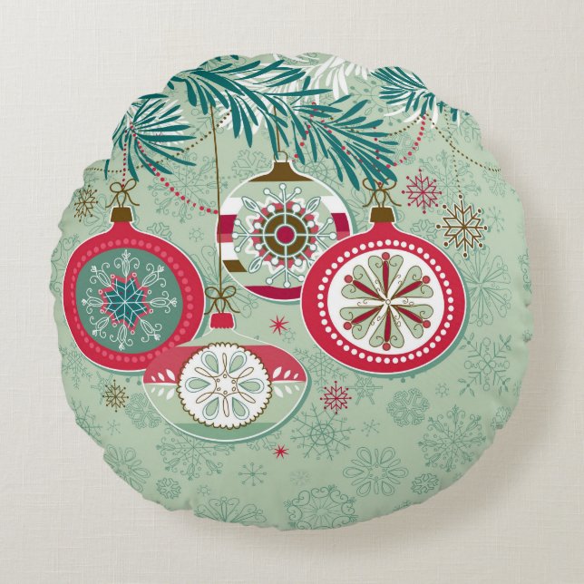 Kerstversieringen met blauwe en rode retro rond kussen (Voorkant)
