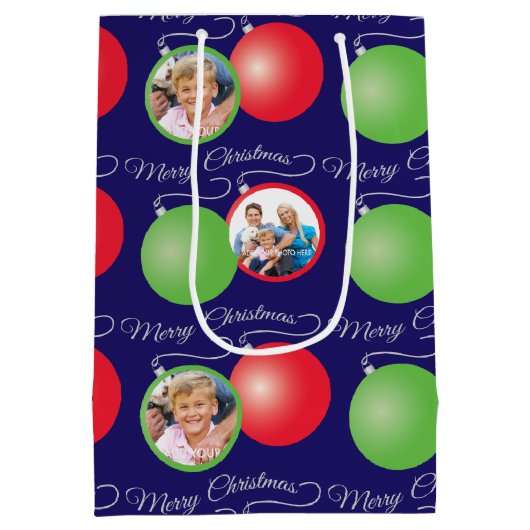 Kerstversieringen op blauw en 6 fotokaders medium cadeauzakje (Achterkant)