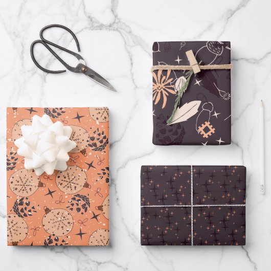 kerstversieringen, sierbloemen, kegels op kerst inpakpapier vel (Voorkant)