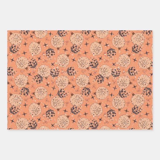 kerstversieringen, sterren, kegels, vogels op inpakpapier vel (Voorkant)