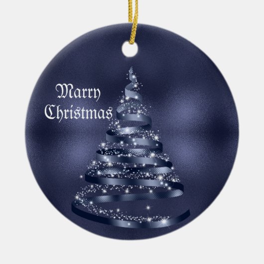 Kerstviering Glanzend Blauwe Lint Boom Keramisch Ornament (Voorkant)