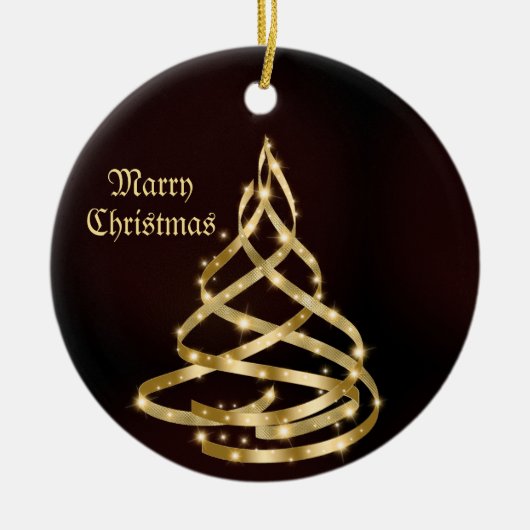 Kerstviering Glanzend Gouden Lint Boom Keramisch Ornament (Voorkant)