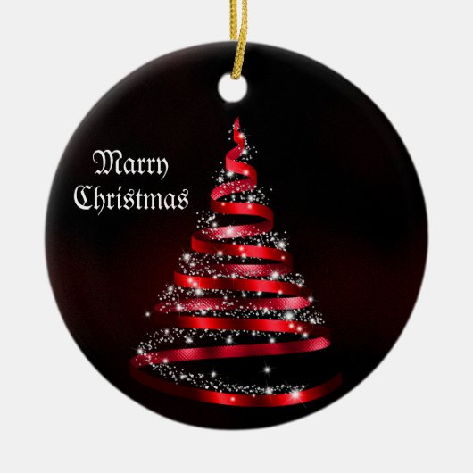 Kerstviering Glanzend Rode Lint Boom Keramisch Ornament (Voorkant)