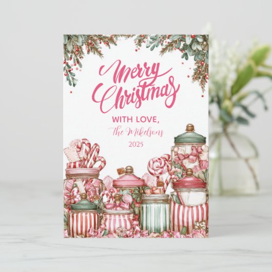 Kerstviering in Candyland Feestdagenkaart (Staand voorkant)