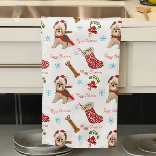 Kerstviering Met Yorkie Patroon   Theedoek