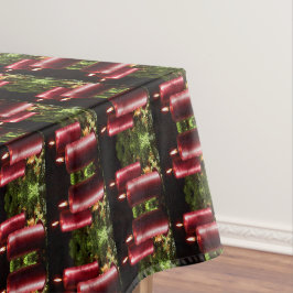 Kerstviering Rode Kaarsen Groene Bladeren Tafelkleed