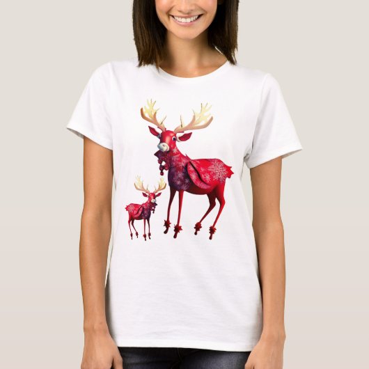 Kerstviering Rode Rendieren Stijlvol T-shirt (Voorkant)