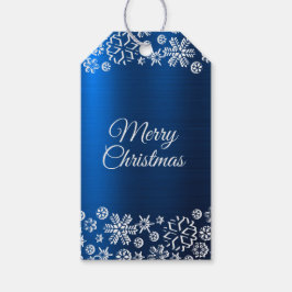 Kerstviering Witte Sneeuwvlokken Marine Blauw Cadeaulabel