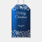 Kerstviering Witte Sneeuwvlokken Marine Blauw Cadeaulabel (Achterkant)
