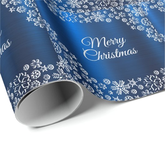 Kerstviering Witte Sneeuwvlokken Marine Blauw Cadeaupapier (Rol Hoek)