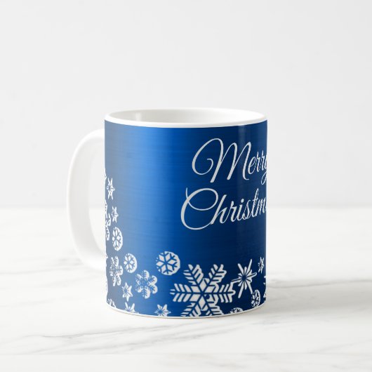Kerstviering Witte Sneeuwvlokken Marine Blauw Koffiemok (Voorkant links)