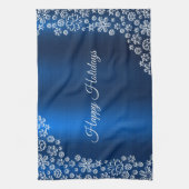 Kerstviering Witte Sneeuwvlokken Marine Blauw Theedoek (Verticaal)