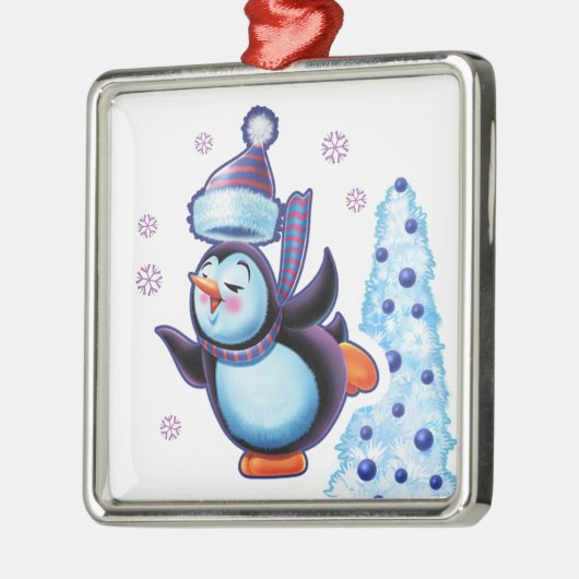 Kerstvierkant ornament schaatspinguïn (Links)