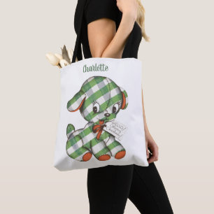 Kerstvintage knuffel hond met geruite stof tote bag