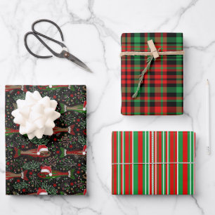 Kerstvis Santa-hoeden Rood Groen Geruit Strepen Inpakpapier Vel