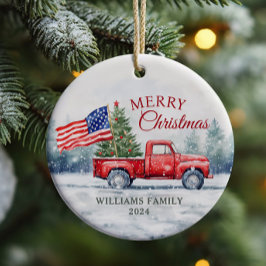 Kerstvlag met vintage rode vrachtwagen en kerstboo keramisch ornament