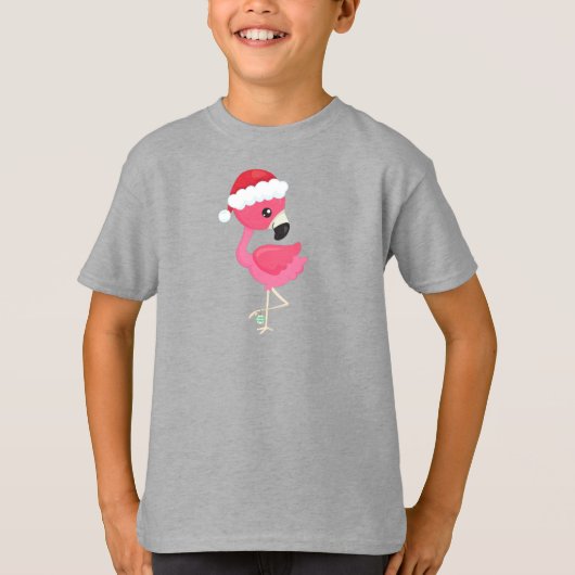 KerstvlamJon, roze flamingo, Santa Hat, vogel T-shirt (Voorkant)