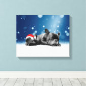 Kerstvlieger Puppies sneeuw santa hat Canvas Afdruk (Insitu (Houten vloer))