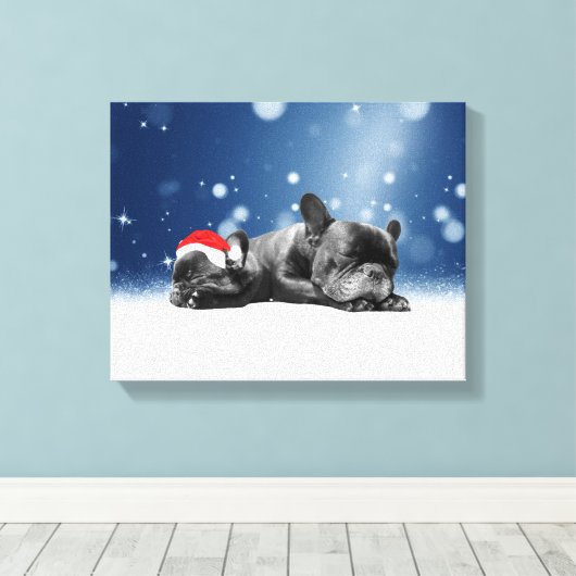 Kerstvlieger Puppies sneeuw santa hat Canvas Afdruk (Insitu (Houten vloer))