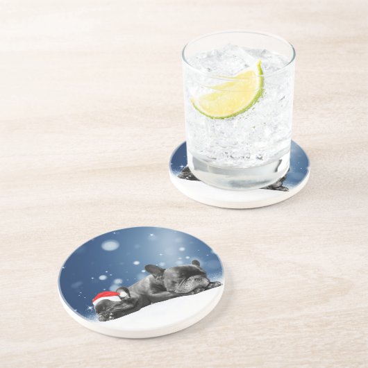 Kerstvlieger Puppies sneeuw santa hat Zandsteen Onderzetter (Zijkant)