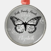 kerstvlinder Black Faux Silver Monogram Metalen Ornament (Voorkant)