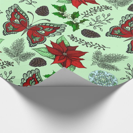 kerstvlinder Poinsettia Holly Wrap Paper Cadeaupapier (Hoek)