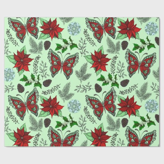 kerstvlinder Poinsettia Holly Wrap Paper Cadeaupapier (Vlak)