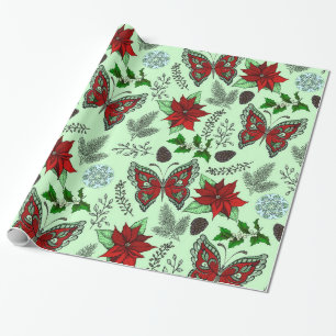 kerstvlinder Poinsettia Holly Wrap Paper Cadeaupapier