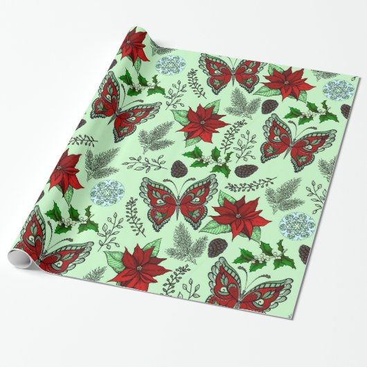 kerstvlinder Poinsettia Holly Wrap Paper Cadeaupapier (Uitgerold)