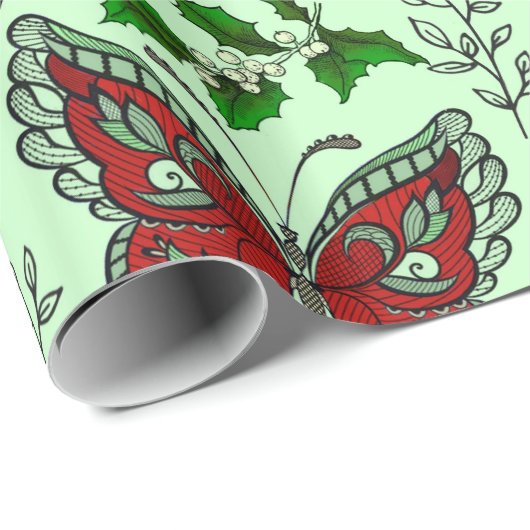 kerstvlinder Poinsettia Holly Wrap Paper Cadeaupapier (Rol Hoek)