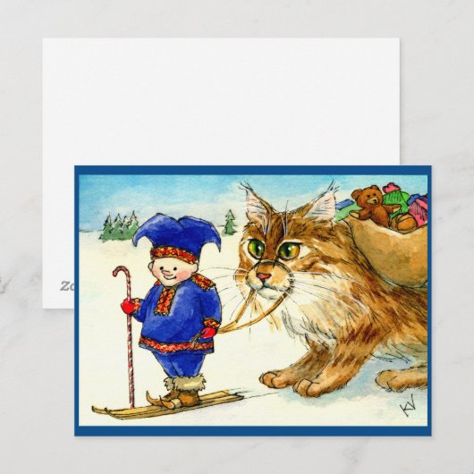kerstvlinderkat op het briefkaart skiis (Voorkant / Achterkant)