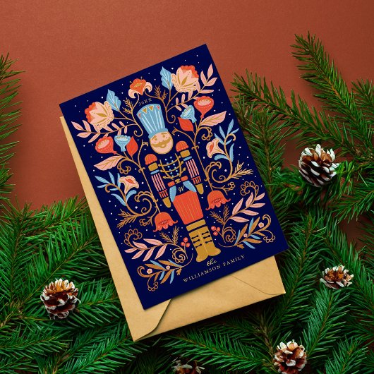 kerstvoedingskraker Floral Folk Art Deep Blue Feestdagenkaart