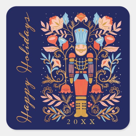 kerstvoedingskraker Floral Folk Art Deep Blue Vierkante Sticker (Voorkant)
