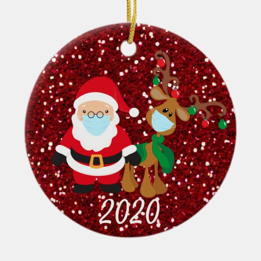 Kerstvoetmasker, kerstman en rendier, 2020 Sequin Keramisch Ornament (Voorkant)