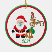 Kerstvoetmasker, kerstman en rendiergrens 2021 keramisch ornament (Voorkant)