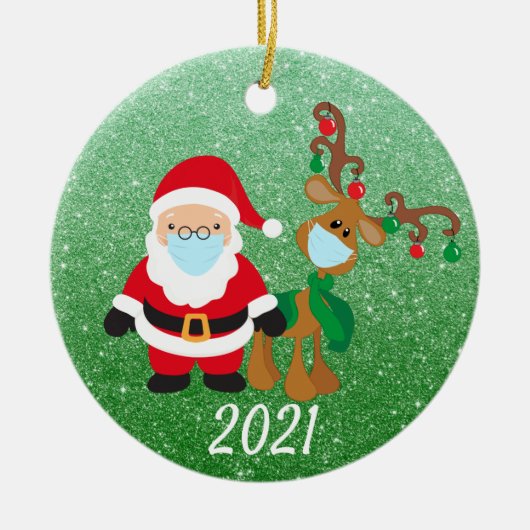 Kerstvoetmasker Santa Reindeer 2021 Glitter Keramisch Ornament (Voorkant)