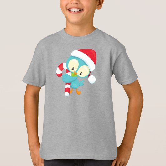 Kerstvogel, Cute Bird, Santa Hat, Candy Cane T-shirt (Voorkant)
