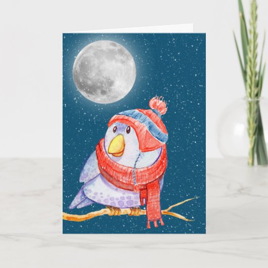 Kerstvogel en maan met sneeuwvlokken kaart (Voorkant)