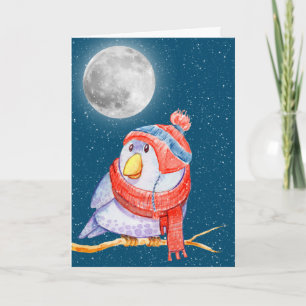 Kerstvogel en maan met sneeuwvlokken kaart