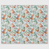 Kerstvogel Groene bladeren Rode bloemen Waterverf Cadeaupapier (Vlak)