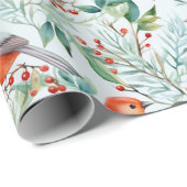 Kerstvogel Groene bladeren Rode bloemen Waterverf Cadeaupapier (Rol Hoek)