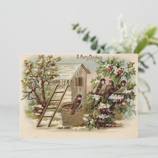 Kerstvogel Holly sneeuwladder oogst Kaart (Staand voorkant)