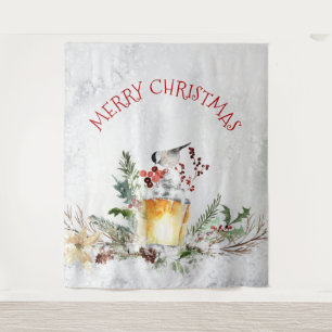 Kerstvogel in besneeuwde bossen vrolijk kerstfeest wandkleed