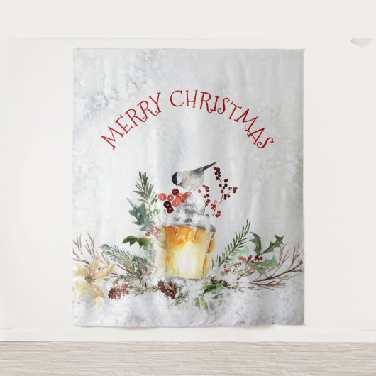 Kerstvogel in besneeuwde bossen vrolijk kerstfeest wandkleed (Voorkant)