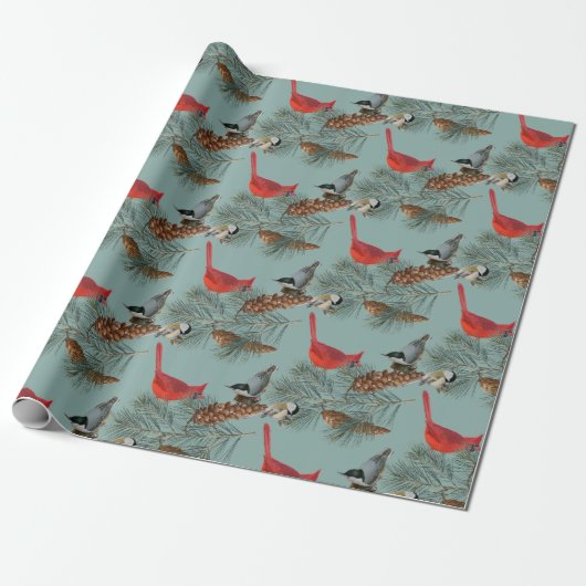 kerstvogel kardinaal Nuthatch Chickadee Blauwgroen Cadeaupapier (Uitgerold)
