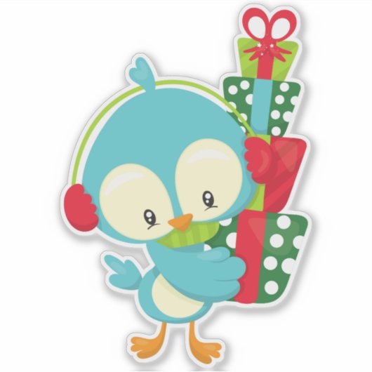 Kerstvogel, koetsvogel, geschenken, Cadeaus, kerst Sticker (Voorkant)