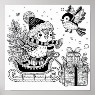 Kerstvogel slee rit kleurenplaat poster