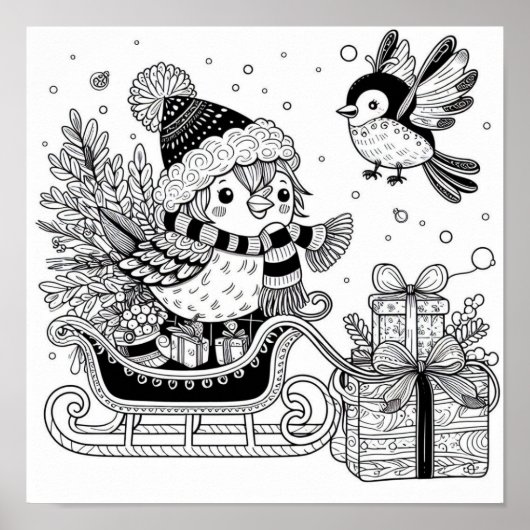 Kerstvogel slee rit kleurenplaat poster (Voorkant)