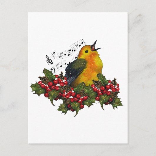 Kerstvogel zingen met Holly, bessen Feestdagenkaart (Voorkant)